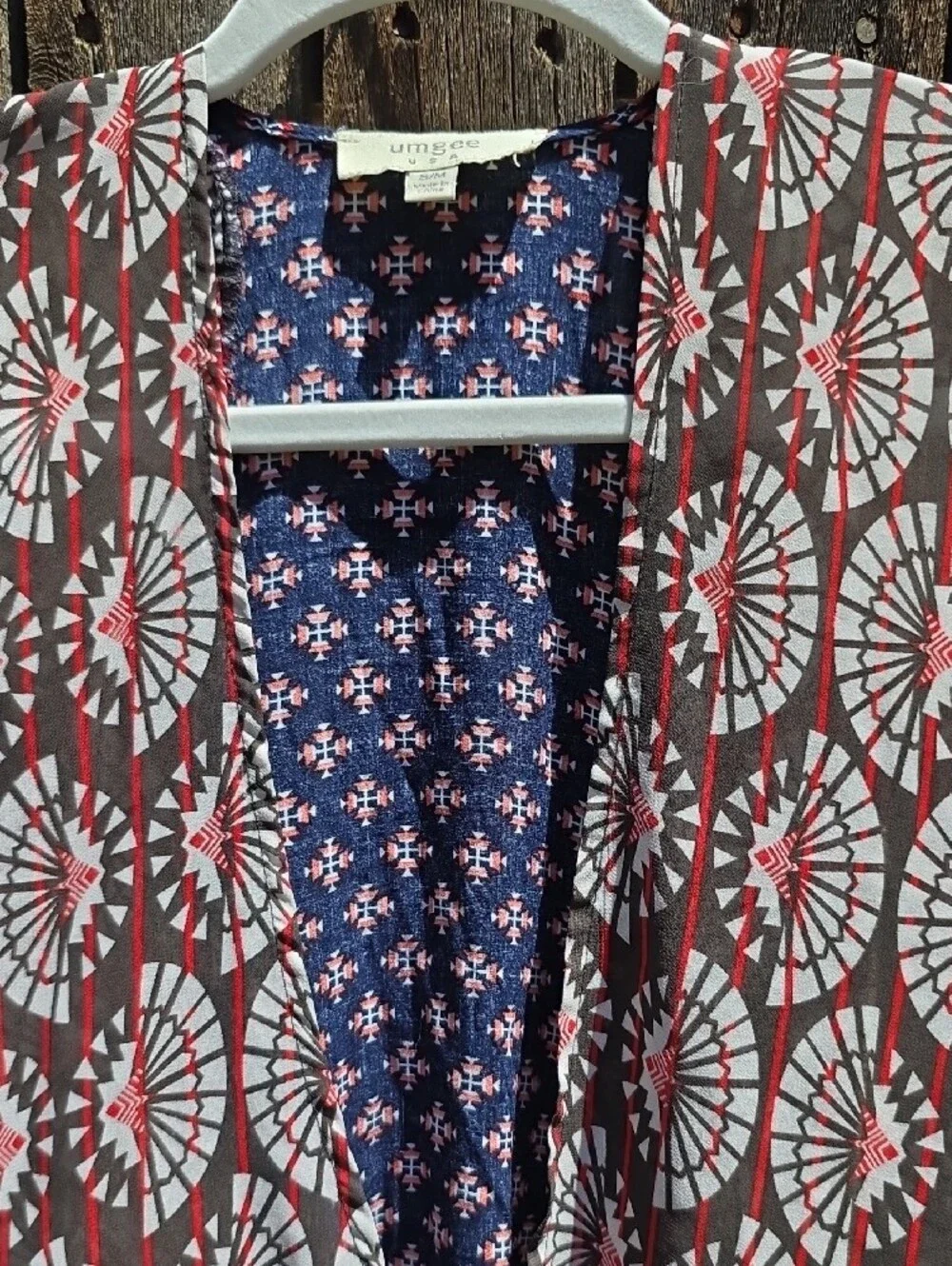 Umgee Navy and Red Geometric Open-Front Kimono Coverup Loose Small/Med